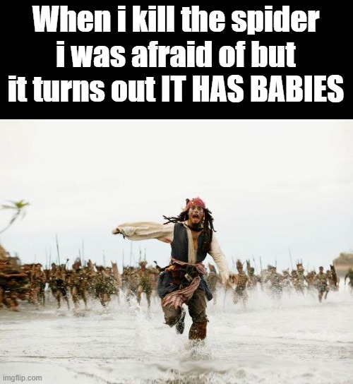 arachnophobia sucks | When i kill the spider i was afraid of but it turns out IT HAS BABIES | image tagged in memes,jack sparrow being chased | made w/ Imgflip meme maker