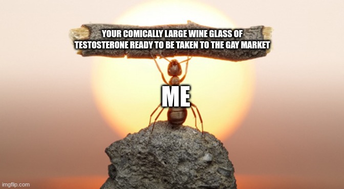 Heavy Lifting Ant | YOUR COMICALLY LARGE WINE GLASS OF TESTOSTERONE READY TO BE TAKEN TO THE GAY MARKET ME | image tagged in heavy lifting ant | made w/ Imgflip meme maker