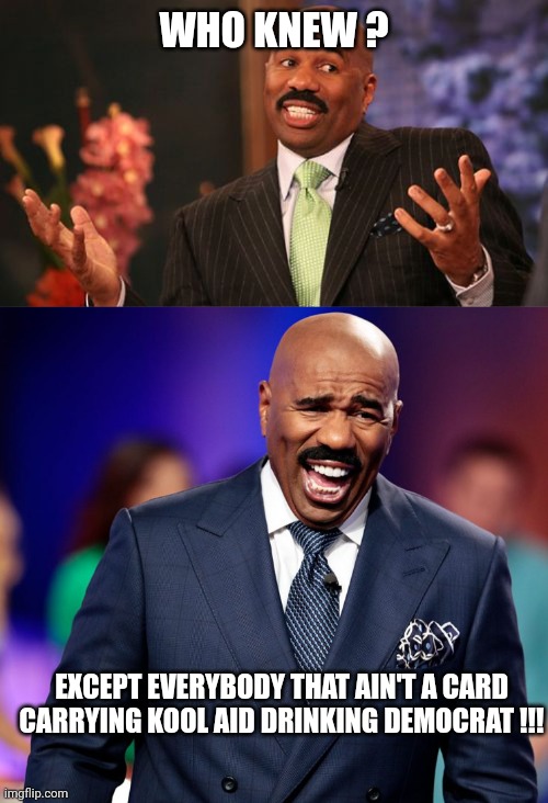 WHO KNEW ? EXCEPT EVERYBODY THAT AIN'T A CARD CARRYING KOOL AID DRINKING DEMOCRAT !!! | image tagged in memes,steve harvey,steve harvey laughing 2 | made w/ Imgflip meme maker