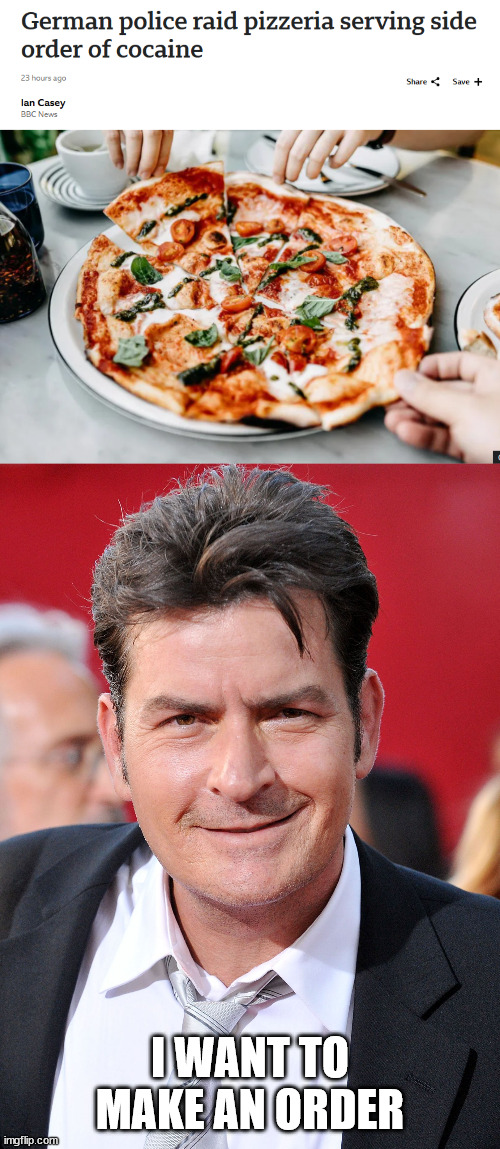 Cocaine pizza | I WANT TO MAKE AN ORDER | image tagged in charlie sheen,cocaine,pizza,pizzagate | made w/ Imgflip meme maker