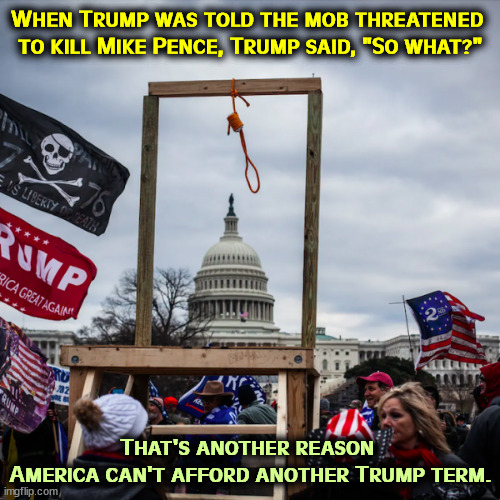 Trump doesn't care about Pence, or you, or anybody but himself. | When Trump was told the mob threatened 

to kill Mike Pence, Trump said, "So what?"; That's another reason 
America can't afford another Trump term. | image tagged in capitol riot gallows noose pence,trump,mike pence,angry mob,insurrection,riot | made w/ Imgflip meme maker