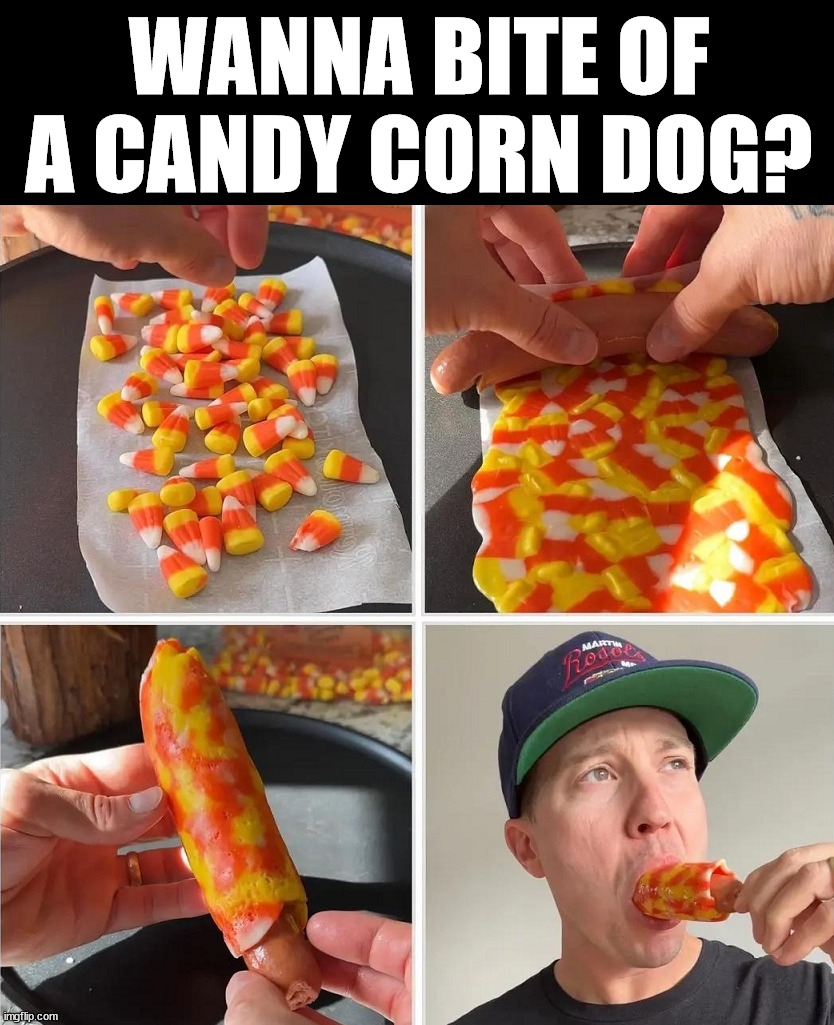 Follow me for more recipes | WANNA BITE OF A CANDY CORN DOG? | image tagged in tasty,recipe,corn dogs,candy corn | made w/ Imgflip meme maker