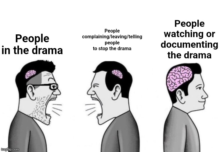 dont even bother arguing with this post its literally correct | People in the drama; People watching or documenting the drama; People complaining/leaving/telling people to stop the drama | image tagged in small brains arguing | made w/ Imgflip meme maker