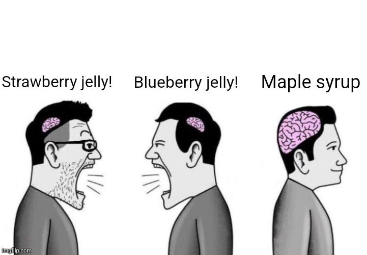 Two small brain men screaming at each other while big brain man | Blueberry jelly! Maple syrup; Strawberry jelly! | image tagged in two small brain men screaming at each other while big brain man | made w/ Imgflip meme maker