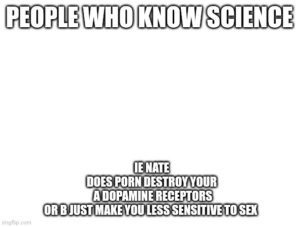 PEOPLE WHO KNOW SCIENCE; IE NATE


DOES PORN DESTROY YOUR
 A DOPAMINE RECEPTORS
OR B JUST MAKE YOU LESS SENSITIVE TO SEX | made w/ Imgflip meme maker