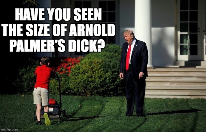 Trump's got Dick Dementia | HAVE YOU SEEN THE SIZE OF ARNOLD PALMER'S DICK? | image tagged in trump lawn mower | made w/ Imgflip meme maker