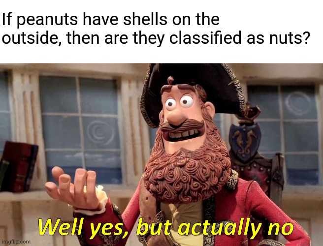 Peanuts aren't, in fact, actual nuts. | If peanuts have shells on the outside, then are they classified as nuts? | image tagged in memes,well yes but actually no,peanuts,funny | made w/ Imgflip meme maker