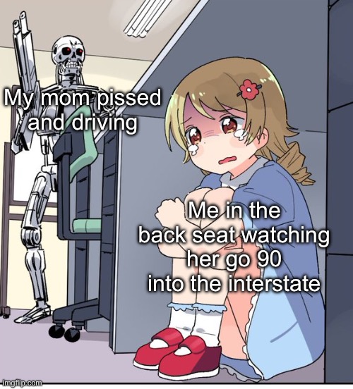 If I don’t post for like a month or two assume I died in a car crash… | My mom pissed and driving; Me in the back seat watching her go 90 into the interstate | image tagged in anime terminator | made w/ Imgflip meme maker