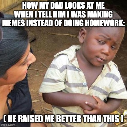 Third World Skeptical Kid | HOW MY DAD LOOKS AT ME WHEN I TELL HIM I WAS MAKING MEMES INSTEAD OF DOING HOMEWORK:; ( HE RAISED ME BETTER THAN THIS ) | image tagged in memes,third world skeptical kid | made w/ Imgflip meme maker