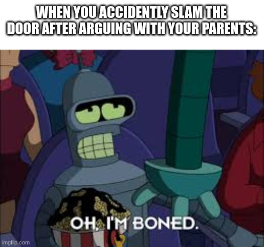 WHEN YOU ACCIDENTLY SLAM THE DOOR AFTER ARGUING WITH YOUR PARENTS: | image tagged in meme,i'm boned | made w/ Imgflip meme maker