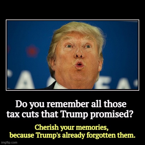 Do you remember all those tax cuts that Trump promised? | Cherish your memories, 
because Trump's already forgotten them. | image tagged in funny,demotivationals,trump,promises,forgot,tax cuts for the rich | made w/ Imgflip demotivational maker