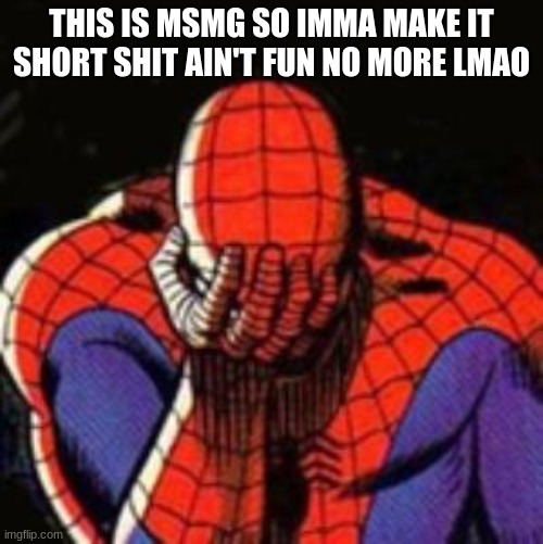 yeaim lowkey upset AF rn for personal reasons | THIS IS MSMG SO IMMA MAKE IT SHORT SHIT AIN'T FUN NO MORE LMAO | image tagged in memes,sad spiderman,spiderman | made w/ Imgflip meme maker