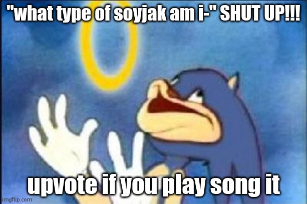 Sonic derp | "what type of soyjak am i-" SHUT UP!!! upvote if you play song it | image tagged in sonic derp | made w/ Imgflip meme maker