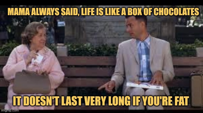 Run Forrest Run | MAMA ALWAYS SAID, LIFE IS LIKE A BOX OF CHOCOLATES; IT DOESN'T LAST VERY LONG IF YOU'RE FAT | image tagged in memes,tom hanks,funny memes,forrest gump,life is like a box of chocolates | made w/ Imgflip meme maker