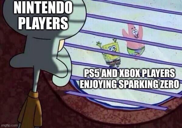 Squidward window | NINTENDO PLAYERS; PS5 AND XBOX PLAYERS ENJOYING SPARKING ZERO | image tagged in squidward window | made w/ Imgflip meme maker