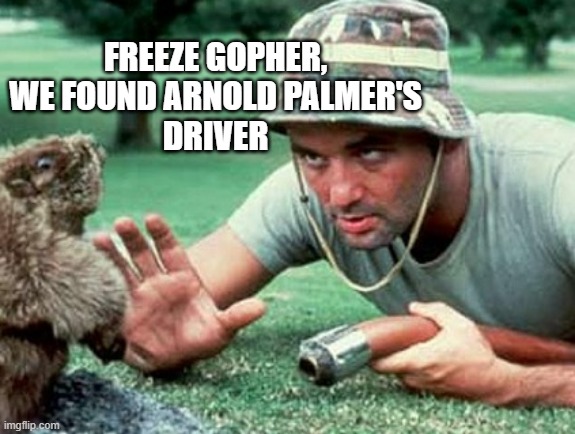 Bill Murray Caddyshack | FREEZE GOPHER,
WE FOUND ARNOLD PALMER'S
DRIVER | image tagged in bill murray caddyshack | made w/ Imgflip meme maker