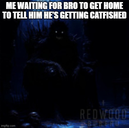 probably best you dont get involved in online relationships | ME WAITING FOR BRO TO GET HOME TO TELL HIM HE'S GETTING CATFISHED | image tagged in bro when,memes | made w/ Imgflip meme maker