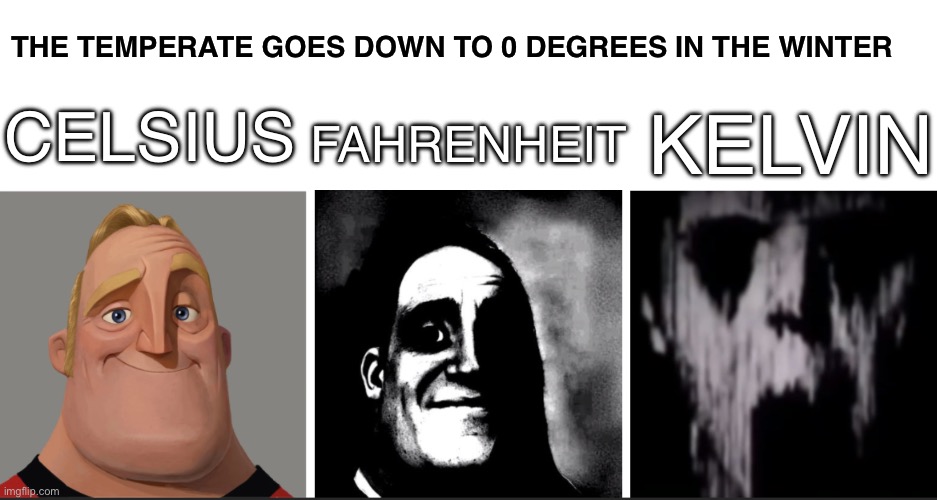 That Third Situation Would Be the End of Humanity… | THE TEMPERATE GOES DOWN TO 0 DEGREES IN THE WINTER; KELVIN; FAHRENHEIT; CELSIUS | image tagged in teacher's copy,mr incredible becoming uncanny,temperature,cold,winter,units | made w/ Imgflip meme maker