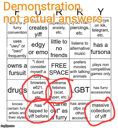 Furry Bingo V2 | Demonstration, not actual answers. | image tagged in furry bingo v2 | made w/ Imgflip meme maker