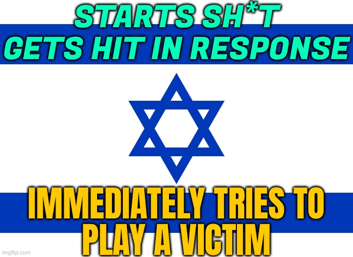 Play A Victim | STARTS SH*T
GETS HIT IN RESPONSE; IMMEDIATELY TRIES TO
PLAY A VICTIM | image tagged in israel,victim,genocide,palestine,religion,anti-religion | made w/ Imgflip meme maker