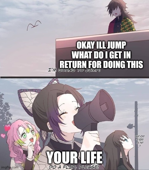 Do a flip please | OKAY ILL JUMP WHAT DO I GET IN RETURN FOR DOING THIS; YOUR LIFE | image tagged in do a flip please | made w/ Imgflip meme maker