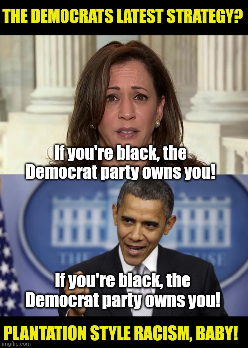 Democrats, scolding blacks and pretending they are still your slaves is NOT going to work. Bit out of touch.... | THE DEMOCRATS LATEST STRATEGY? If you're black, the Democrat party owns you! If you're black, the Democrat party owns you! PLANTATION STYLE RACISM, BABY! | image tagged in kamala harris,barack obama,successful black man,liberal logic,racism,democratic party | made w/ Imgflip meme maker