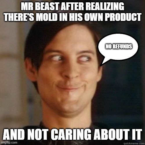 mr beast is a disgusting piece of shit | MR BEAST AFTER REALIZING THERE'S MOLD IN HIS OWN PRODUCT; NO REFUNDS; AND NOT CARING ABOUT IT | image tagged in evil smile,memes,disgusting | made w/ Imgflip meme maker