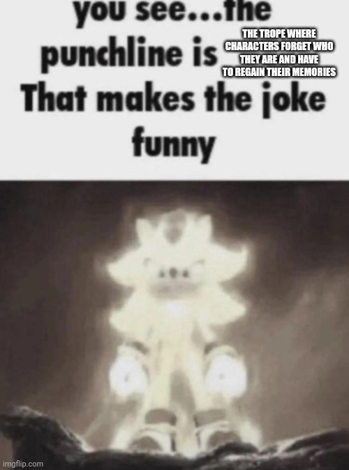 You see the punchline is that makes the joke funny shadow | THE TROPE WHERE CHARACTERS FORGET WHO THEY ARE AND HAVE TO REGAIN THEIR MEMORIES | image tagged in you see the punchline is that makes the joke funny shadow | made w/ Imgflip meme maker