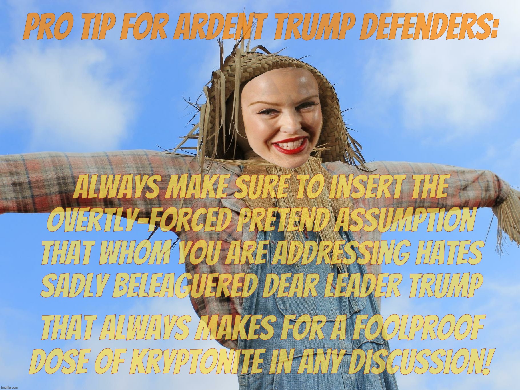 Sure to make you a hit at cocktail parties too! | Pro tip for ardent Trump defenders:; Always make sure to insert the
Overtly-forced pretend assumption
that whom you are addressing hates
Sadly beleaguered Dear Leader Trump; That always makes for a foolproof
dose of Kryptonite in any discussion! | image tagged in kylie strawman,strawman fallacy,magat logic,everyone else hates trump,because they're so mean,it's all about the feelz | made w/ Imgflip meme maker