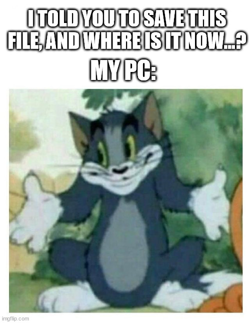 My pc | MY PC:; I TOLD YOU TO SAVE THIS FILE, AND WHERE IS IT NOW...? | image tagged in idk tom template | made w/ Imgflip meme maker