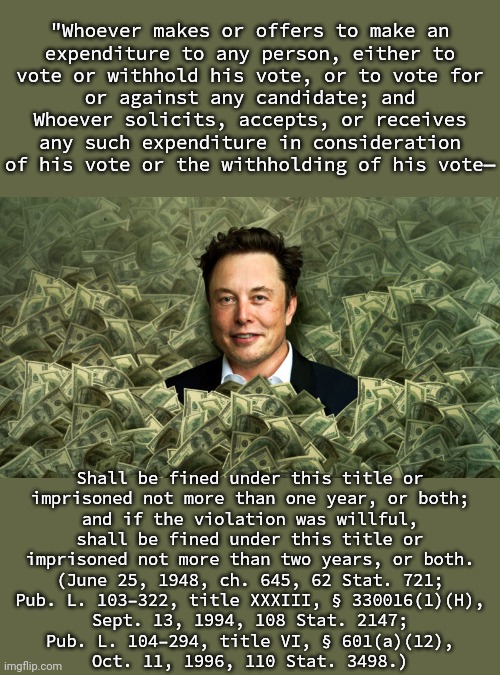 From the Legal Information Institute. | "Whoever makes or offers to make an
expenditure to any person, either to
vote or withhold his vote, or to vote for
or against any candidate; and

Whoever solicits, accepts, or receives
any such expenditure in consideration
of his vote or the withholding of his vote—; Shall be fined under this title or
imprisoned not more than one year, or both;
and if the violation was willful,
shall be fined under this title or
imprisoned not more than two years, or both.

(June 25, 1948, ch. 645, 62 Stat. 721;
Pub. L. 103–322, title XXXIII, § 330016(1)(H),
Sept. 13, 1994, 108 Stat. 2147;
Pub. L. 104–294, title VI, § 601(a)(12),
Oct. 11, 1996, 110 Stat. 3498.) | image tagged in elon musk swimming in money,election fraud,money in politics,trump supporter | made w/ Imgflip meme maker