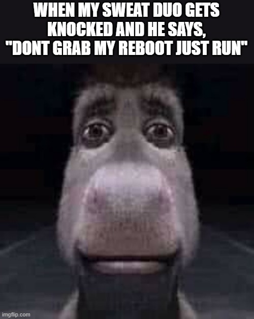 im cooked | WHEN MY SWEAT DUO GETS KNOCKED AND HE SAYS, "DONT GRAB MY REBOOT JUST RUN" | image tagged in donkey staring,fortnite,sweats,funny,relatable | made w/ Imgflip meme maker