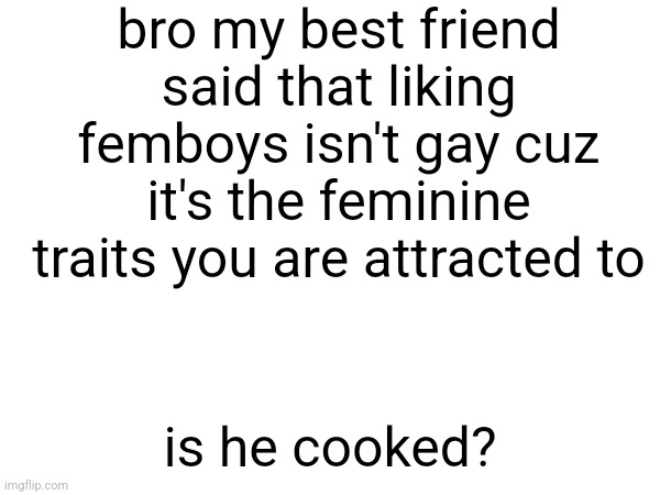 I think he's gay | bro my best friend said that liking femboys isn't gay cuz it's the feminine traits you are attracted to; is he cooked? | made w/ Imgflip meme maker