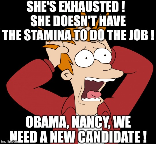 Futurama Fry Screaming | SHE'S EXHAUSTED !  
SHE DOESN'T HAVE THE STAMINA TO DO THE JOB ! OBAMA, NANCY, WE NEED A NEW CANDIDATE ! | image tagged in futurama fry screaming | made w/ Imgflip meme maker