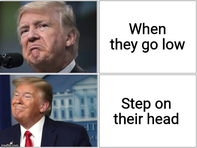 trump sad/happy | When they go low Step on their head | image tagged in trump sad/happy | made w/ Imgflip meme maker