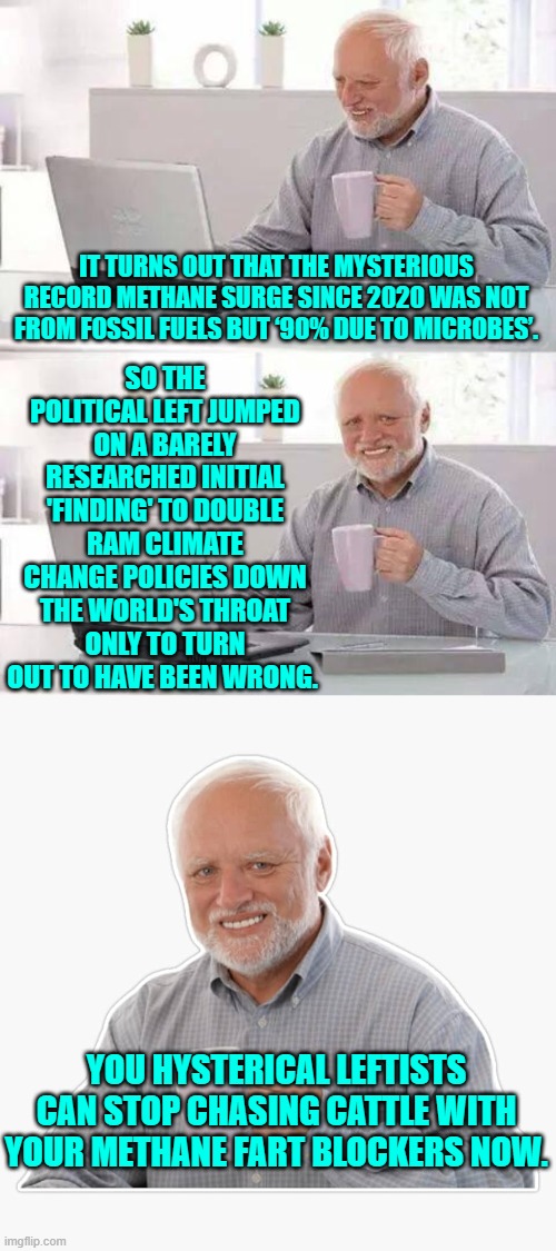 Has ANY leftist in the history of humanity ever been right about anything . . . ever? | SO THE POLITICAL LEFT JUMPED ON A BARELY RESEARCHED INITIAL 'FINDING' TO DOUBLE RAM CLIMATE CHANGE POLICIES DOWN THE WORLD'S THROAT ONLY TO TURN OUT TO HAVE BEEN WRONG. IT TURNS OUT THAT THE MYSTERIOUS RECORD METHANE SURGE SINCE 2020 WAS NOT FROM FOSSIL FUELS BUT ‘90% DUE TO MICROBES’. YOU HYSTERICAL LEFTISTS CAN STOP CHASING CATTLE WITH YOUR METHANE FART BLOCKERS NOW. | image tagged in hide the pain harold | made w/ Imgflip meme maker