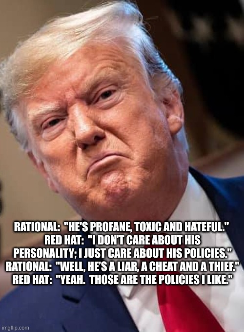 his policies | RATIONAL:  "HE'S PROFANE, TOXIC AND HATEFUL." 
RED HAT:  "I DON’T CARE ABOUT HIS PERSONALITY; I JUST CARE ABOUT HIS POLICIES."
RATIONAL:  "WELL, HE’S A LIAR, A CHEAT AND A THIEF."
RED HAT:  "YEAH.  THOSE ARE THE POLICIES I LIKE." | image tagged in trump,red hat,magat | made w/ Imgflip meme maker