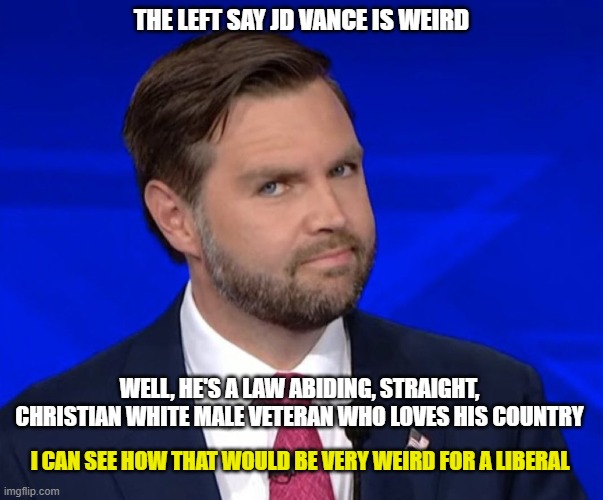 JD knows what's up | THE LEFT SAY JD VANCE IS WEIRD; WELL, HE'S A LAW ABIDING, STRAIGHT, CHRISTIAN WHITE MALE VETERAN WHO LOVES HIS COUNTRY; I CAN SEE HOW THAT WOULD BE VERY WEIRD FOR A LIBERAL | image tagged in democrats,liberals,woke,leftists,kamala harris,2024 election | made w/ Imgflip meme maker