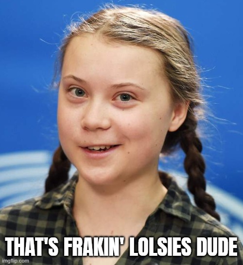 Greta Thunberg | THAT'S FRAKIN' LOLSIES DUDE | image tagged in greta thunberg | made w/ Imgflip meme maker