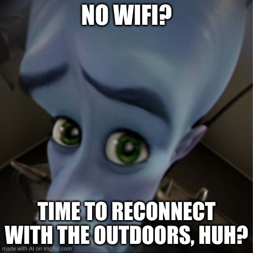 time to get outdoorsy | NO WIFI? TIME TO RECONNECT WITH THE OUTDOORS, HUH? | image tagged in megamind peeking | made w/ Imgflip meme maker