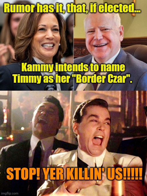 That'll work out well... Right? | Rumor has it, that, if elected... Kammy intends to name Timmy as her "Border Czar". STOP! YER KILLIN' US!!!!! | image tagged in harris walz,memes,good fellas hilarious | made w/ Imgflip meme maker