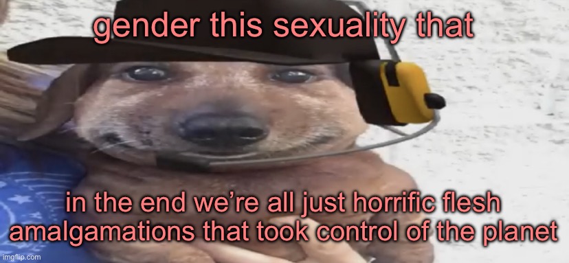 chucklenuts | gender this sexuality that; in the end we’re all just horrific flesh amalgamations that took control of the planet | image tagged in chucklenuts | made w/ Imgflip meme maker