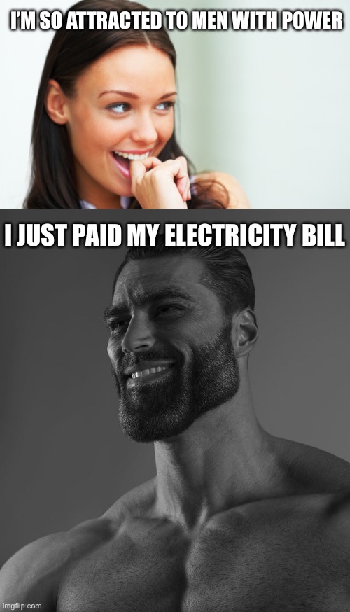 Power Flirting | I’M SO ATTRACTED TO MEN WITH POWER; I JUST PAID MY ELECTRICITY BILL | image tagged in flirty fiona,giga chad,power,electricity | made w/ Imgflip meme maker