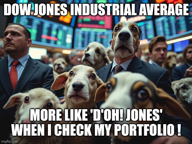 share market | DOW JONES INDUSTRIAL AVERAGE; MORE LIKE 'D'OH! JONES' WHEN I CHECK MY PORTFOLIO ! | image tagged in share market meme | made w/ Imgflip meme maker