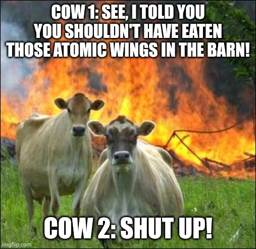 Cows having a very normal conversation | COW 1: SEE, I TOLD YOU YOU SHOULDN'T HAVE EATEN THOSE ATOMIC WINGS IN THE BARN! COW 2: SHUT UP! | image tagged in memes,evil cows | made w/ Imgflip meme maker