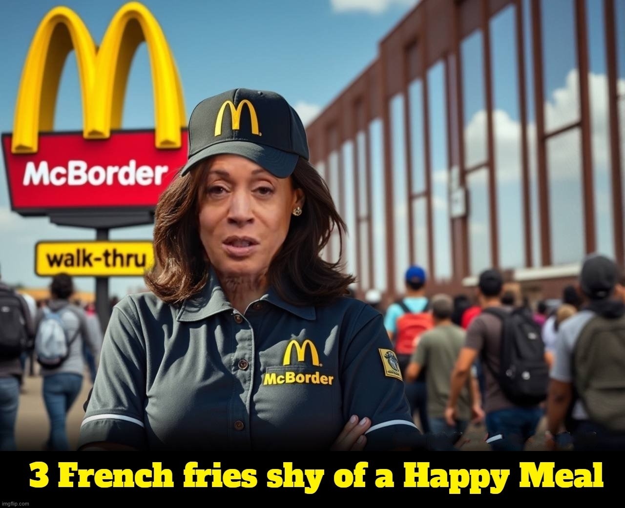 3 French Fries Shy of a Happy Meal. | image tagged in would you like fries with that,liar liar my teacher says,liar liar pants on fire,happy meal,stupid people be like,kamala harris | made w/ Imgflip meme maker
