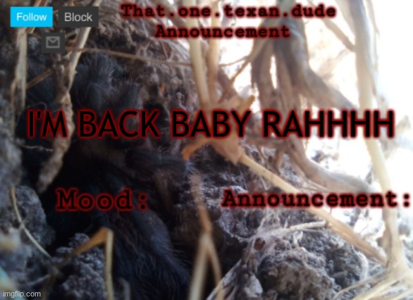 i don't have to use a stupid alt anymore | I'M BACK BABY RAHHHH | image tagged in the that one texan dude announcement template | made w/ Imgflip meme maker