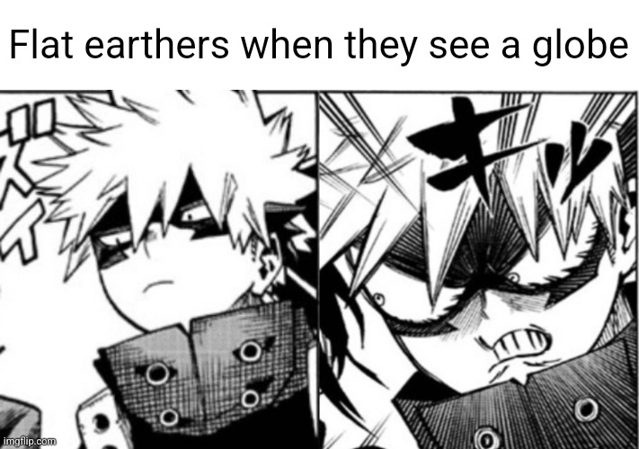 Bakugou reaction flat earthers | Flat earthers when they see a globe | image tagged in bakugo,mha,my hero academia,reactions,flat earthers,funny | made w/ Imgflip meme maker