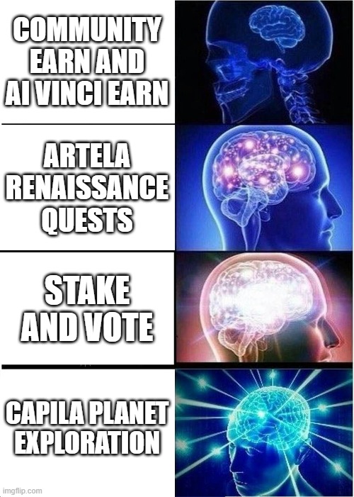 Renaissance Quests | COMMUNITY EARN AND AI VINCI EARN; ARTELA RENAISSANCE QUESTS; STAKE AND VOTE; CAPILA PLANET EXPLORATION | image tagged in memes,expanding brain | made w/ Imgflip meme maker