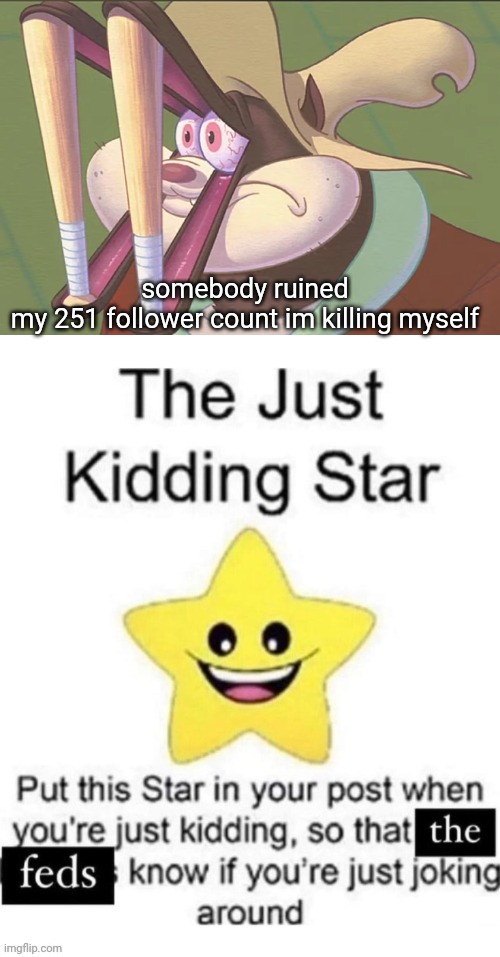 somebody ruined my 251 follower count im killing myself | image tagged in stare,the just kidding star | made w/ Imgflip meme maker